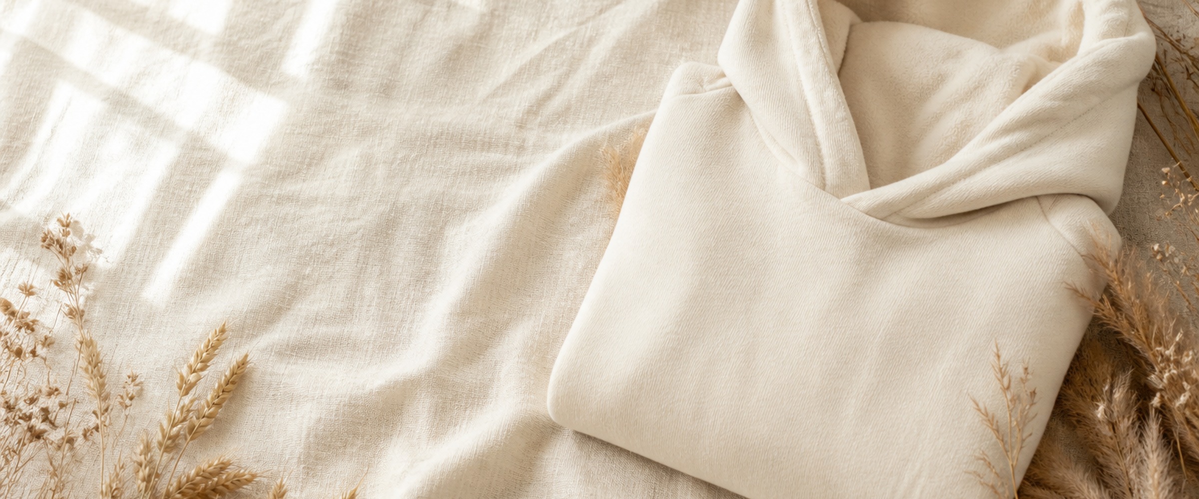 Folded cream bunnyhug on linen with prairie grass